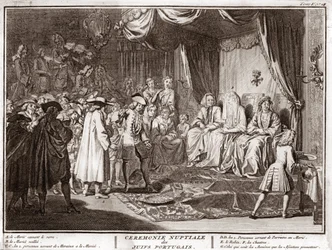 Jüdische Hochzeit in der jüdisch-portugiesischen Gemeinde) Gravur aus "Illustration religiöser Zeremonien und Bräuche aller Völker der Welt" von Bernard Picart (1723-1743)