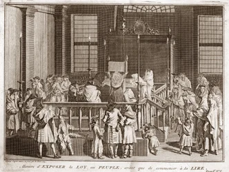 Judentum: Ausstellung der Tora in einer Synagoge vor dem Lesen) Gravur aus „Illustration de cérémonies et coutumes religieuses de tous les peuples du monde“ von Bernard Picart (1723-1743) 1819 Privatsammlung