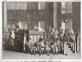 Judentum: der Klang des Horns am ersten Tag des Jahres (Klang des Schofars an Rosch ha-Schana) (Jüdisches Neujahrsfest: Blasen des Schofarhorns an Rosch Haschana) Gravur aus „Illustration religiöser Zeremonien und Bräuche aller Völker“