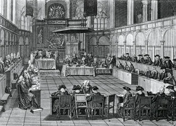 Protestantische Synode, die 1730 in der Nieuwe Kerk (Neue Kirche) in Amsterdam, Niederlande, abgehalten wurde, Gravur von Bernard Picart (1673-1733)