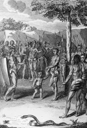 Ritualzeremonie, mit Schlange im Vordergrund, Guinea, aus Histoire Generale des Ceremonies, moeurs, et coutumes religieuses de tous les peuples du monde, von Antoine Banier (1673-1741) und Jean Baptiste Le Mascrier (1697-1760)