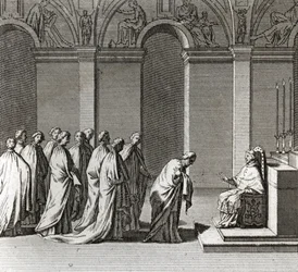 Feierliche Inauguration des Pontifikats: „Die Anbetung des Papstes in der Sixtinischen Kapelle“ (Päpstliche Inauguration: Verehrung des Papstes in der Sixtinischen Kapelle) Gravur aus „Illustration religiöser Zeremonien und Bräuche aller Völker der Welt“