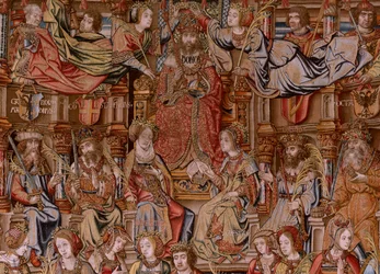 Flämischer Wandteppich. Serie Die Ehren. Ehre (El Honor). Zweiter Wandteppich in der Serie. Modell Zeichner aus dem Kreis von Bernard van Orley und Jan Gossaert (Mabuse). Herstellung Pieter van Aelst, Brüssel. Ca 1550. Stoff Gold, Silber, Seide und Wolle.