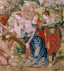 Flämischer Wandteppich. Serie Die Passion Christi. Fall auf dem Weg nach Golgatha. Zweiter Wandteppich der Serie. Modelle von Bernard van Orley. Herstellung Pieter de Pannemaker, Brüssel. Ca. 1518-1523. Stoff Gold, Silber.
