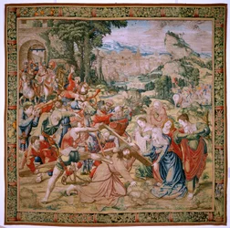 Flämischer Wandteppich. Serie Die Passion Christi. Fall auf dem Weg nach Golgatha (Caída en el camino del Calvario). Zweiter Wandteppich in der Serie. Modelle Zeichner Bernard van Orley. Herstellung Pieter de Pannemaker, Brüssel. Ca 1518-1523. Stoff Gold, 
