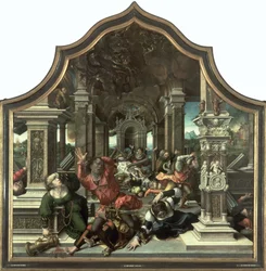 Die Zerstörung des Hauses von Hiob, zentrales Panel des Triptychons der Tugend der Geduld, 1521