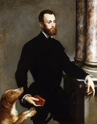 Porträt eines stehenden Herrn als Dreiviertelfigur, in schwarzer Kleidung und mit einem Buch in der Hand