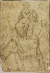 Sitzende Madonna mit Kind, Bischofs- und Mönchsheiligen und Johannes dem Täufer