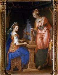 Die heilige Cäcilia spielt die Orgel und die heilige Katharina