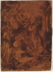 Jungfrau Maria mit dem Jesuskind gibt dem heiligen Franz von Assisi und einem unidentifizierten Franziskanermönch den franziskanischen Gürtel