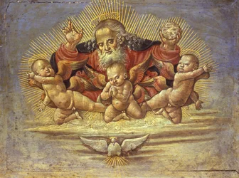 Teil eines Altars mit Gott dem Vater und drei Engeln