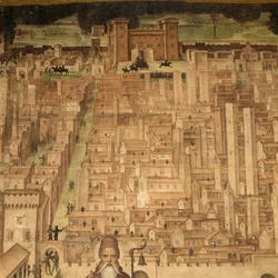 St. Antonius und Ansicht von Pavia, Detail aus dem Zyklus Geschichten von St. Theodor, Fresken von Bernardino Lanzani (1460-1530 ca), St. Theodors Kirche, Pavia, Lombardei, Italien