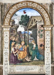 Anbetung der Hirten, Fresko, 1484-1492, Basilica di Santa Maria del Popolo (Kirche Santa Maria del Popolo), Cappella Basso della Rovere, Rom, Italien