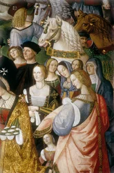Enee Silvio Piccolomini stellt Eleonore von Portugal Kaiser Friedrich III. des Heiligen Römischen Reiches am Camollia-Tor in Siena vor (Detail)