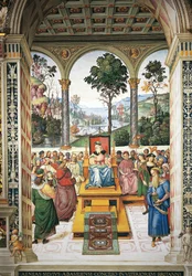 Italien, Siena, Kathedrale, Piccolomini-Bibliothek, Enea Silvio Piccolomini hält eine Rede vor König Jakob I. von Schottland (Detail)