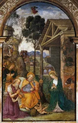 Geburt Christi mit dem Heiligen Hieronymus, frühes Fresko von Bernardino Betti, bekannt als Il Pinturicchio