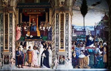 Pius II. bei der Ankunft in Ancona zur Kreuzfahrt, Fresko von Pinturicchio