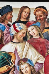 Die Piccolomini-Bibliothek, Nordostwand: Aeneas Sylvius hält eine Rede vor König Jakob I. von Schottland, Winter 1435