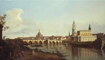 Blick auf Dresden vom rechten Ufer der Elbe oberhalb der Augustusbrücke