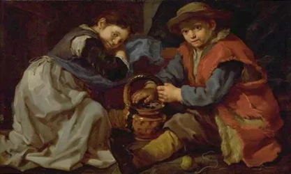 Ein Mädchen und ein Junge mit einem Kohlenbecken