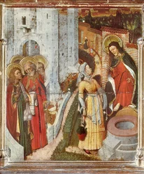 Jesus und die Samariterin, Detail vom Verklärungsaltar, um 1445 (Gemälde auf Holz)