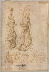 Entwurf für einen Kandelaber, Allegorische Figur des Überflusses, Ornamentaler Reliefentwurf, ca. 1490er Jahre