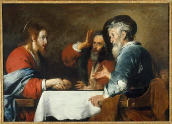 Christus in Emmaus. Christus erscheint den Pilgern an einem Tisch in einem Gasthaus in Emmaus. Gemälde von Bernardo Strozzi, 1640