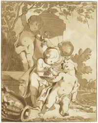 Vier Trauben pflückende Putti bei einer Vase
