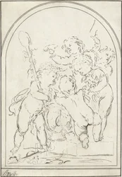 Fünf Putti bei einer Vase mit Weinranke