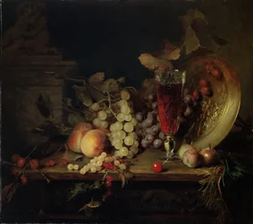 Stillleben mit Obst, Glas Wein, 1863