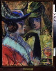 Café in Paris. Zwei elegante Frauen sitzen an einem Pariser Bistrotisch. Werk von Boris Dmitrievich Grigoriev (1886-1939)