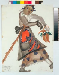Kostüm für die Oper "Snegurotschka" (oder Das Schneemädchen, Frühlingsmärchen) von Nikolai Rimski-Korsakow, Aquarell von Boris Dmitrijewitsch Grigorjew