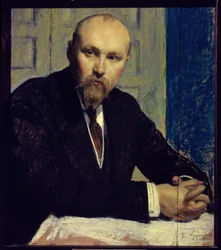 Porträt des Künstlers Nicolas Roerich (1874-1947). Werk von Boris Michaylovich Kustodiev (1878-1927), Pastell auf Karton