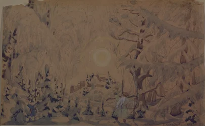 Bühnenbild für die Oper Die Schneeflöte von N. Rimski-Korsakow, 1910