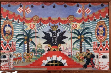Bühnenbild für das Theaterstück Der Floh von E. Zamyatin, 1925-1926