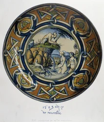 Actaeon überrascht Artemis (Diana) beim Baden - in „Collection of Italian faiences of the XV, XVI and XVIIIth centuries“, entworfen von C. Delange und C. Borneman, hrsg. Delange, Paris