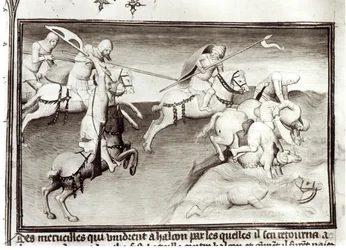 Ms. Fr. 2810: Der Mongolenführer Hülegü, Khan des Ilchanats, verfolgt 1262 seinen Cousin Berke, Khan der Kiptschaken oder der Goldenen Horde, und treibt ihn in einen Fluss, aus dem „Buch der Wunder der Welt“, um 1410