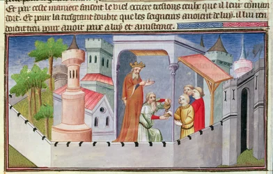 Ms. Fr. 2810, fol. 17, Hassan i Sabbah leitet die Initiationen in Alamut und reicht seinen Anhängern betäubenden Wein, aus „Livres des Merveilles du Monde“, ca. 1410-12