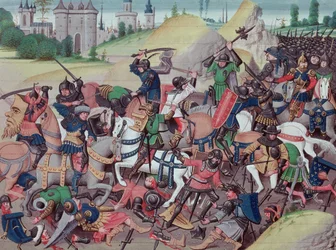 Schlacht zwischen Sarazenen und Christen während der Kreuzzüge, aus Chroniques des empereurs von David Aubert, 1462