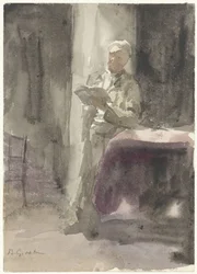 Mann mit einem Buch, stehend an einem Tisch und Fenster