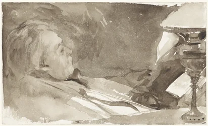 Porträt von Alphons Marie Antoine Joseph Grandmont, lesend bei einer Lampe
