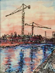 Abend am Kanal mit Kränen