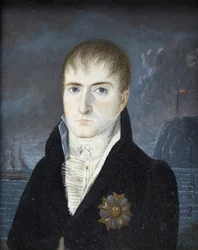 Kaiser auf der Insel St. Helena - Porträt Kaiser Napoleons I. mit unbedecktem Haupt, in schwarzer Kleidung und mit dem Bruststern des Großadlers der Ehrenlegion - Porträt von Napoleon Bonaparte auf der Insel St. Helena, von Captain Dodgin (tätig)