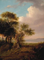 Landschaft, Bäume im Vordergrund, See und Hügel in der Ferne