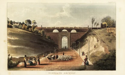 Blick auf Viehtreiber, die Rinder und Schafe zum Smithfield Market unter dem Torbogen am Highgate Hill treiben