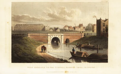 Westportal zum Islington-Tunnel, mit einem Pferd, das einen Lastkahn entlang des Regent’s Canal zieht