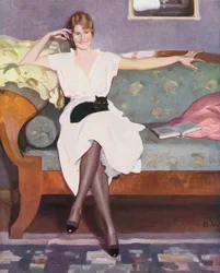 Frau mit Katze auf einem Sofa sitzend (Farblithografie)