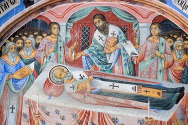 Bulgarien, Rila-Kloster, Beerdigungsfresko in der Kirche der Geburt der Jungfrau