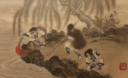 Fischen mit einer brennenden Fackel. Aus der Serie Die Ainu, zweite Hälfte des 19. Jahrhunderts