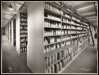 Innenansicht eines Chemikalienlagers bei Parke, Davis und Co., Chemiker, Hudson und Vestry Streets, New York, 1910